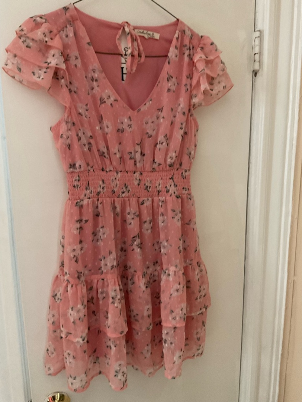 Girls' Pink Floral Smocked Waist Ruffle Dress